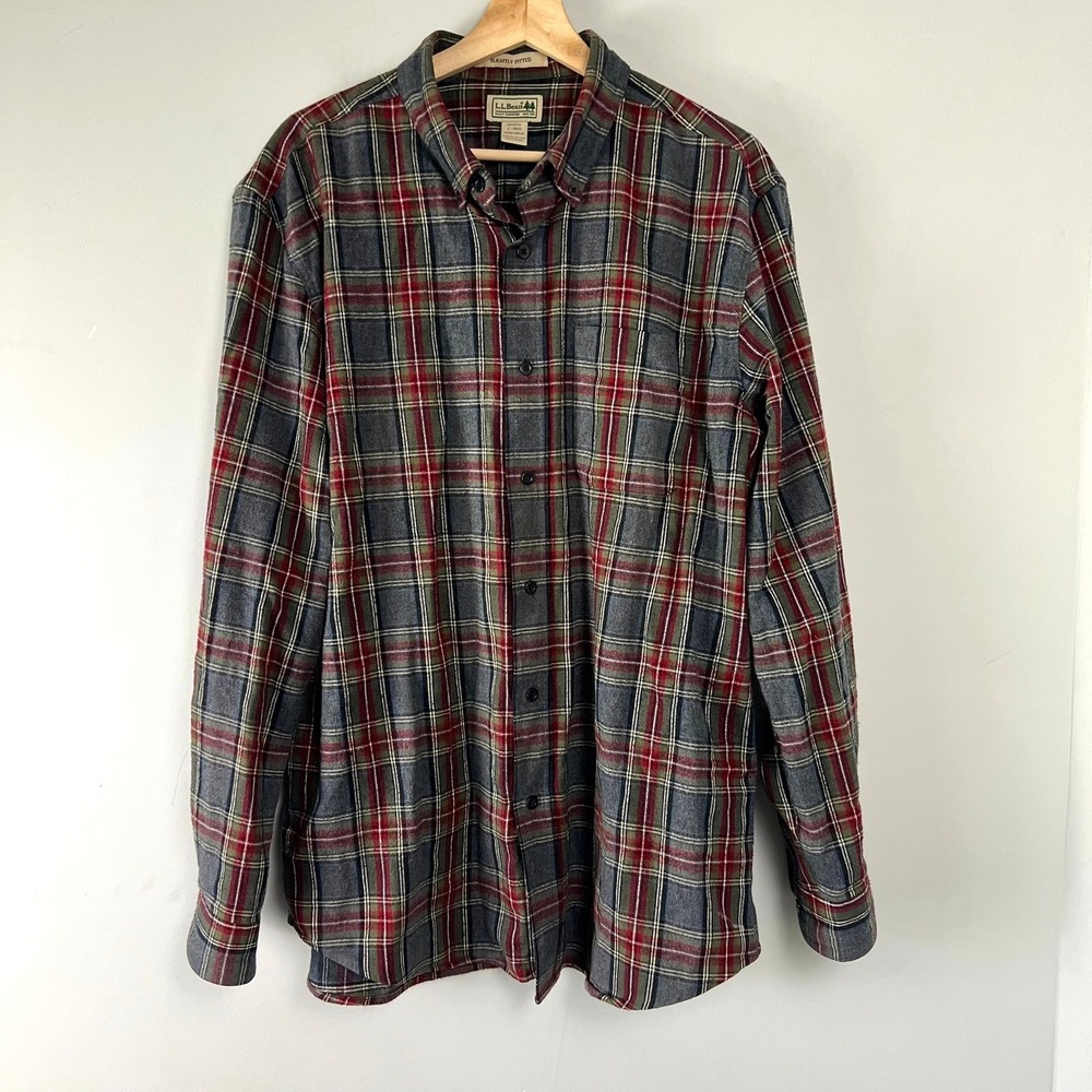LL Bean Mens Slightly Fitted Flannel Shirt L Plaid Heritage Cabincore